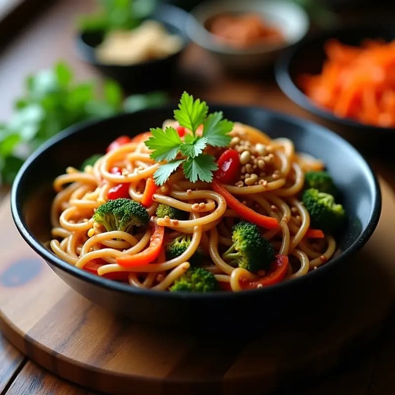Plato hondo de cerámica negra con bami goreng de fideos de arroz brillantes, salteados con brócoli baby, zanahoria juliana, pimiento rojo y germinados de soja, bañados en salsa kecap manis oscura. Decorado con cacahuetes picados, cilantro fresco y rodajas de guindilla roja. Receta indonesia de verduras y fideos de arroz.