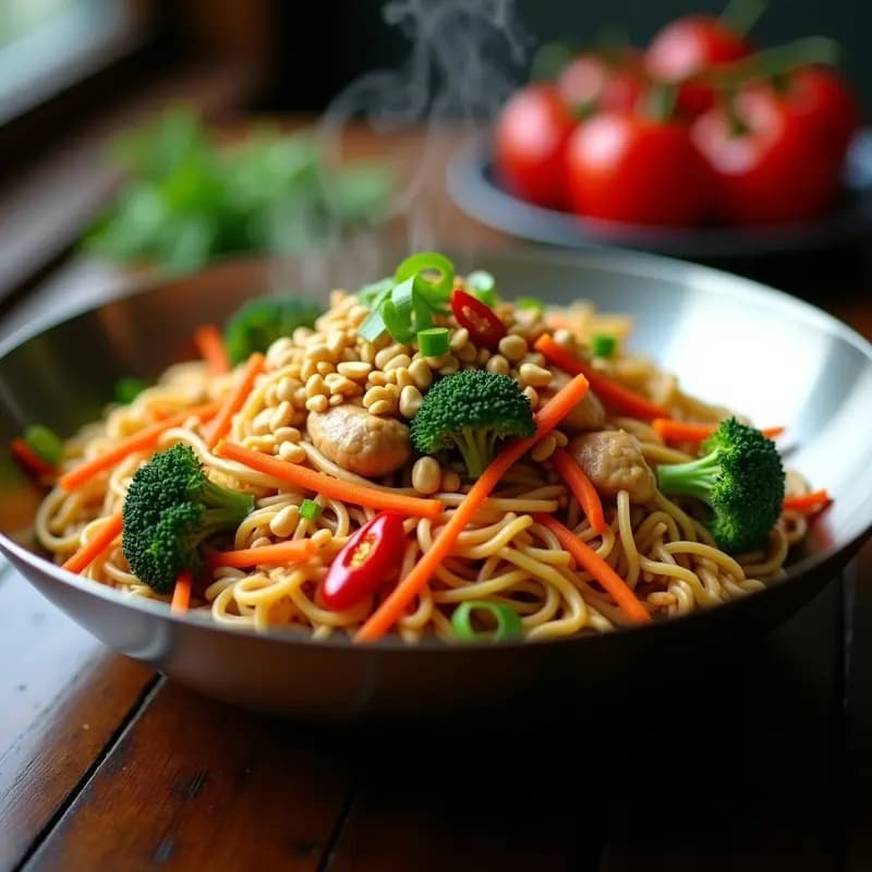 Wok humeante con Bami Goreng de fideos de arroz dorados, trozos de pollo jugoso, zanahorias naranjas, pimientos rojos y brotes de soja, decorado con cilantro fresco y rodajas de limón. Plato colorido y vibrante con textura brillante gracias a la salsa kecap manis.