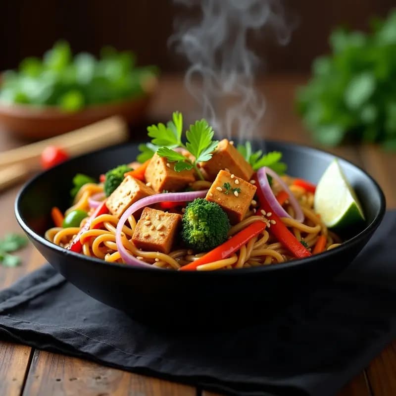 Plato hondo de cerámica negra con Bami Goreng indonesio vegano: fideos de trigo salteados con tofu dorado, cebolla morada, pimiento rojo, zanahoria y brócoli, decorado con semillas de sésamo y cilantro fresco, acompañado de una rodaja de limón.