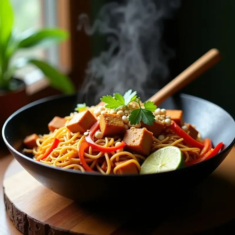 Wok de acero con Bami Goreng de fideos dorados salteados con tempeh crujiente, zanahoria, pimiento rojo y brotes de soja, decorado con cacahuetes picados y cilantro fresco. Receta indonesia de fideos estilo wok con tempeh y vegetales.
