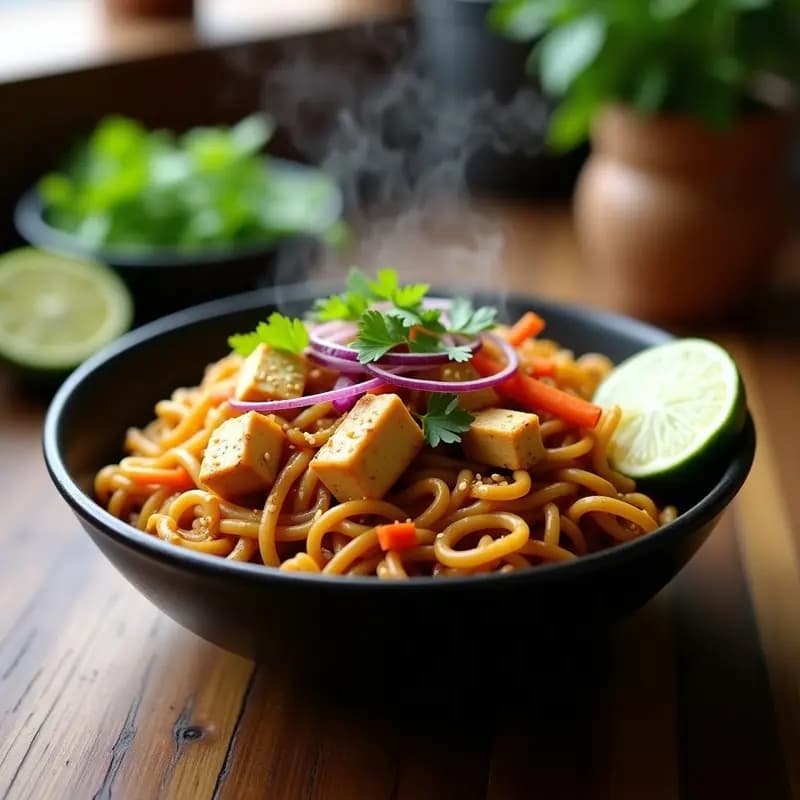 Plato hondo de cerámica negra con Bami Goreng vegano: fideos indonesios dorados salteados con cubos de tofu dorado, brotes de soja frescos, zanahoria en juliana y cebolla morada, decorado con semillas de sésamo y cilantro picado. Fondo de madera rústica con limón partido al lado.