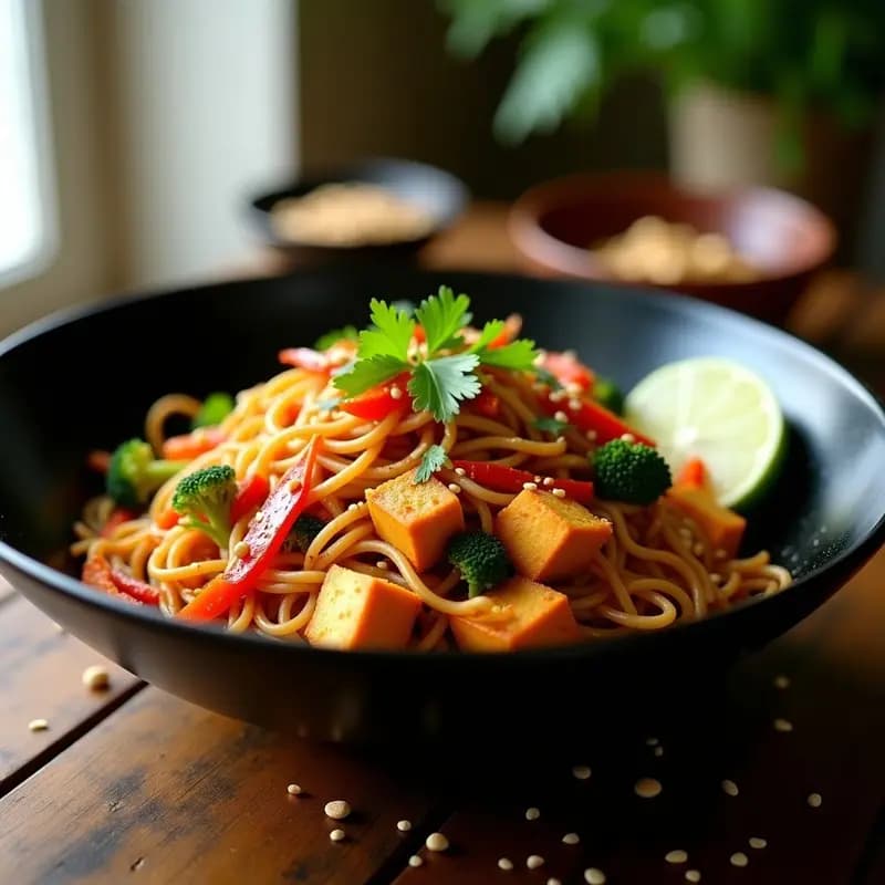 Plato colorido de Bami Goreng indonesio con fideos de trigo salteados, tofu dorado en cubos, zanahoria, pimiento rojo y brócoli, decorado con cilantro fresco y gajos de limón, servido en un bol hondo de cerámica negra.
