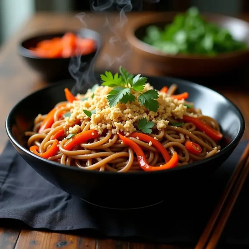 Plato hondo de cerámica negra con Bami Goreng de fideos de trigo sarraceno salteados, verduras coloridas en juliana, trozos de tortilla de huevo desmenuzada y hojas de cilantro fresco, decorado con un chorrito de salsa teriyaki y semillas de sésamo.