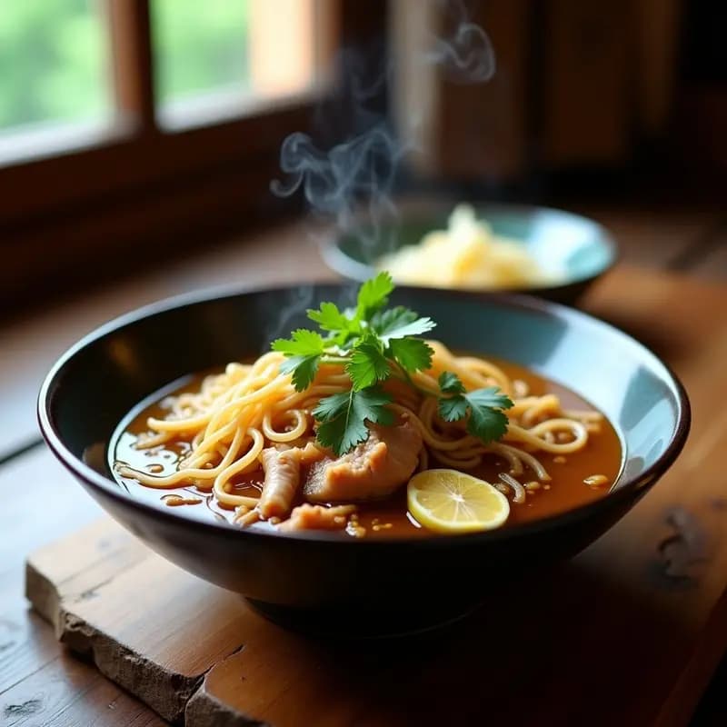 Cuenco hondo de cerámica oscura con bamoe de cerdo desmenuzado, fideos de trigo sarraceno, rodajas de jengibre y cilantro fresco, servido con caldo espeso y aceite de sésamo brillante.