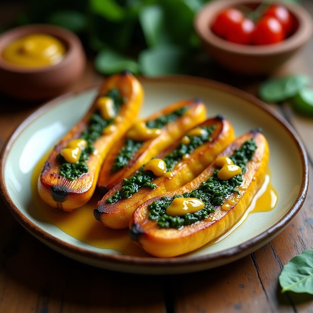 Bañanas maduras horneadas rellenas de espinacas y panela, con salsa de uchuvas brillante servidas en plato rústico de barro, receta colombiana en horno.