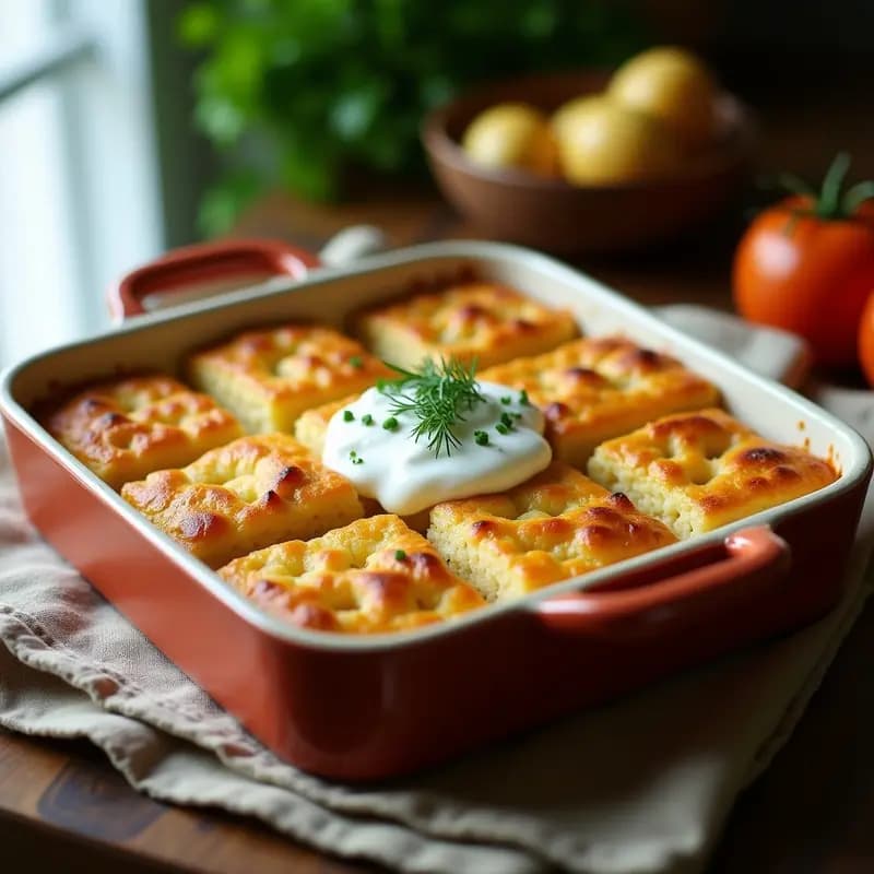 Bância rumana dorada y esponjosa de harina de garbanzo servida en plato rústico, coronada con crema agria cremosa y perejil fresco, acompañada de rodajas de cebolla morada. Receta sin gluten en 30 minutos.