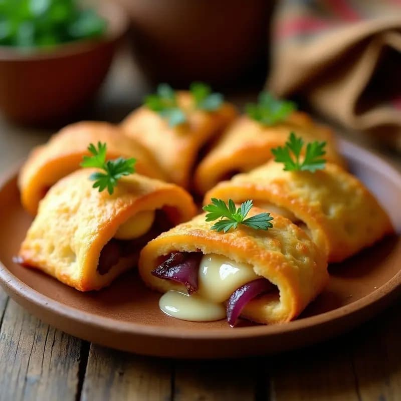 Banda Paraguaya de Mandioca con Queso y Cebolla en Airfryer: media luna dorada y crujiente con relleno de queso derretido y cebolla caramelizada, servida en plato rústico.