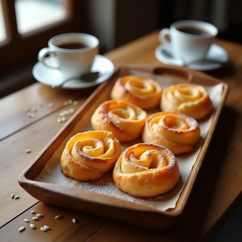 Bandas de enharado doradas y hojaldradas sobre una bandeja de madera, rellenas de queso derretido y bocadillo de guayaba, espolvoreadas con azúcar glass, desayuno dulce-salado colombiano.