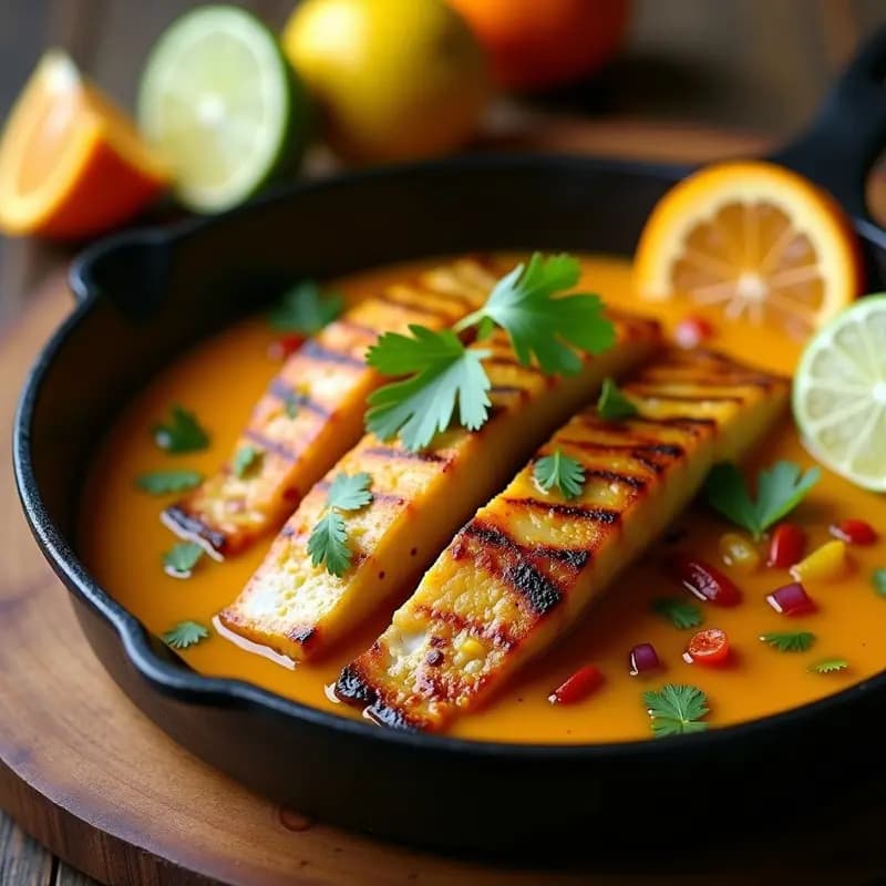 Plato blanco con bandas de merluza cocidas al vapor, bañadas en una salsa dorada de cítricos y cúrcuma, decoradas con cilantro fresco y rodajas de limón verde. Receta colombiana keto alta en omega-3.