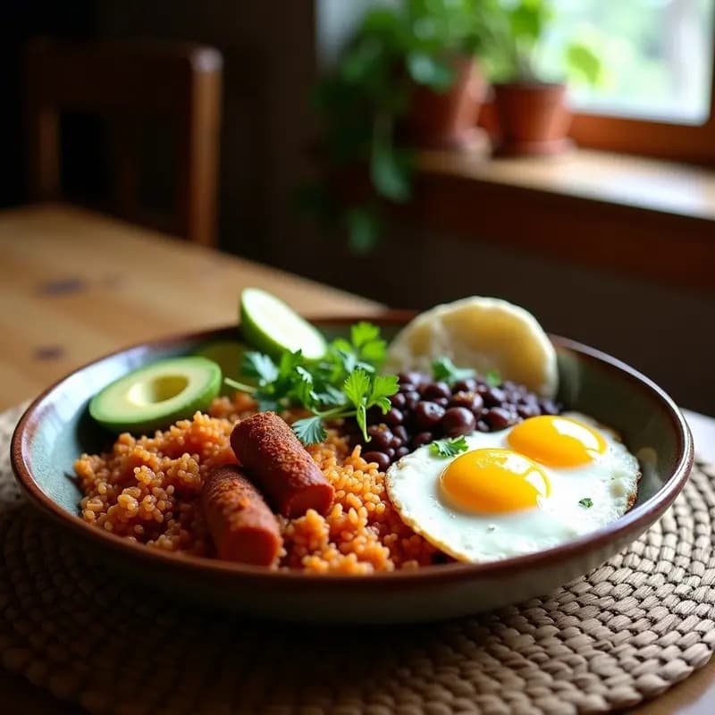 Bandeja paisa ligera colombiana con arroz integral, frijoles negros, chorizo de pavo desmenuzado, huevo frito, arepa de maíz blanco y aguacate en rodajas, decorado con cilantro fresco y un chorrito de limón.