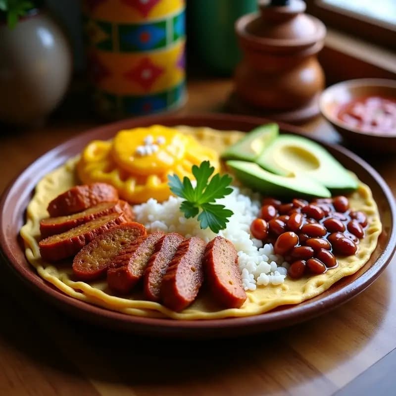 Bandeja Paisa Vegana con chorizo de seitán dorado, arepa de choclo esponjosa con queso vegano derretido, frijoles rojos estofados, arroz blanco, rodajas de aguacate y hogao, servida en un plato hondo de barro con cilantro fresco.