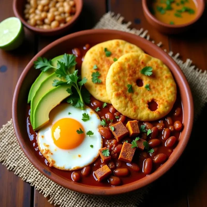 Bandeja paisa vegana con arepa dorada de maíz y plátano, frijoles rojos estofados espesos y aguacate cremoso con cilantro, servida en plato hondo de barro. Receta colombiana sin carne.