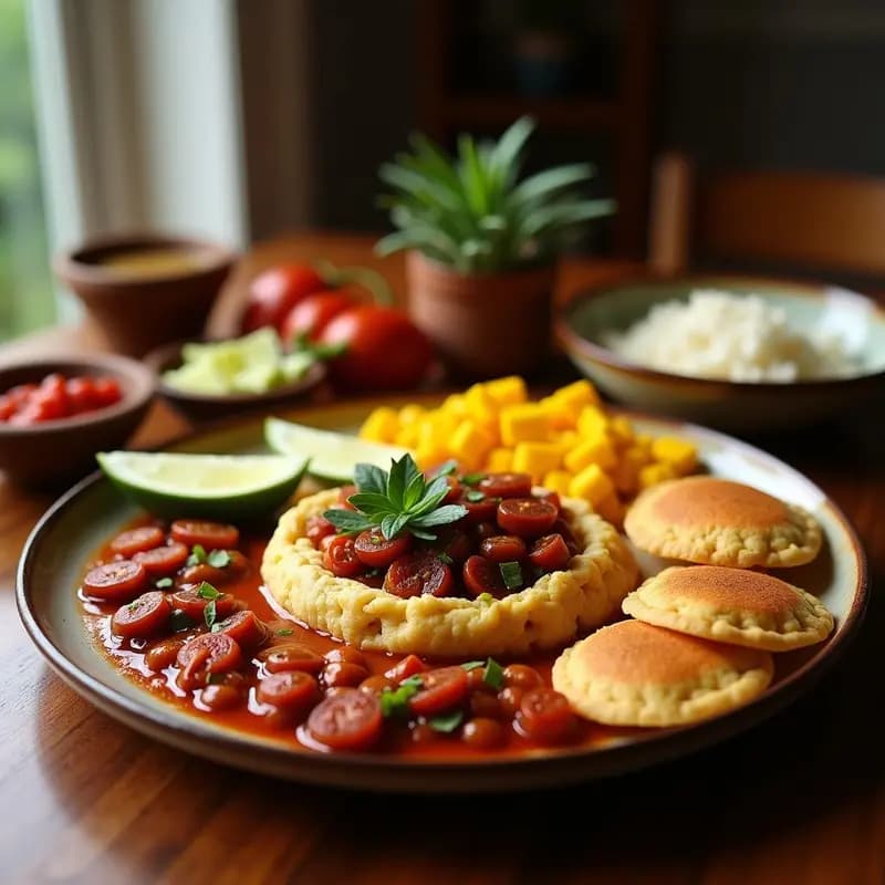 Plato tradicional colombiano vegano con arepas doradas de maíz, rodajas de chorizo vegetal especiado, frijoles negros cremosos, arroz blanco, plátano maduro asado y aguacate, decorado con cilantro fresco. Bandeja Paisa Vegana con Chorizo Vegetal y Arepas de Maíz.