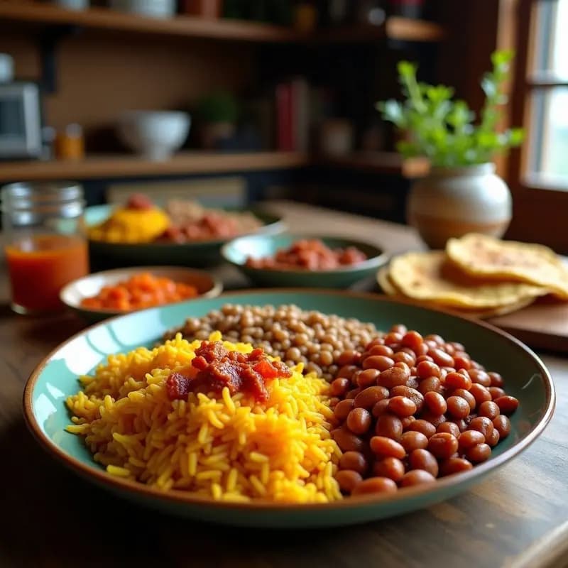 Bandeja Paisa Vegana servida en plato hondo de barro con arroz blanco esponjoso, frijoles rojos con chorizo vegetal de seitán, rodajas de plátano maduro caramelizado con canela y aguacate en gajos. Receta colombiana vegana alta en proteína.