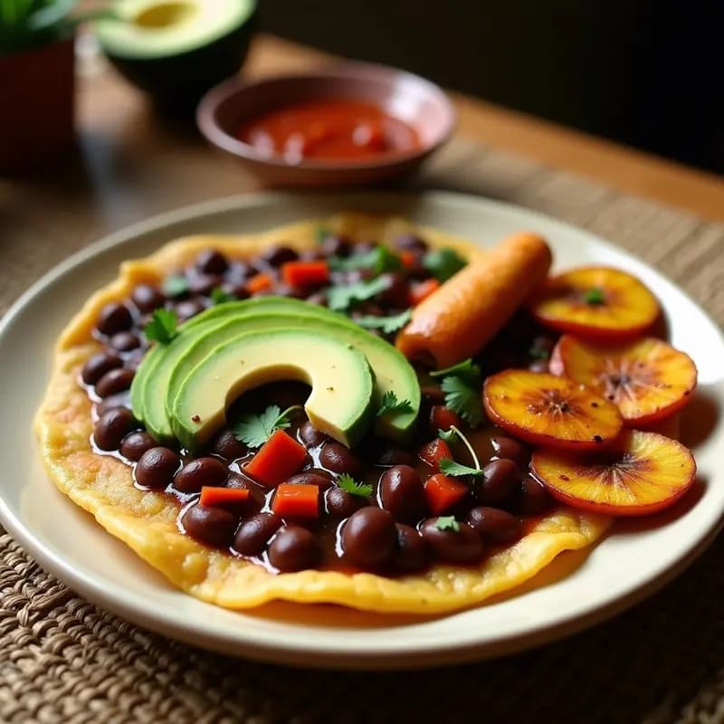 Bandeja paisa vegana con frijoles rojos cremosos, plátano maduro caramelizado, huevo de tofu dorado, arepas de maíz azul y aguacate en rodajas, decorado con cilantro fresco y limón.