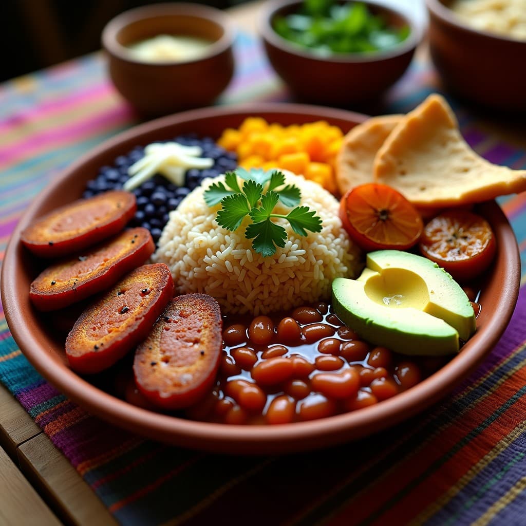 Bandeja Paisa Vegana con chorizo de seitán dorado en rodajas, arepa de maíz azul esponjosa, arroz integral, frijoles negros, hogao y aguacate, servida en plato rústico de barro.