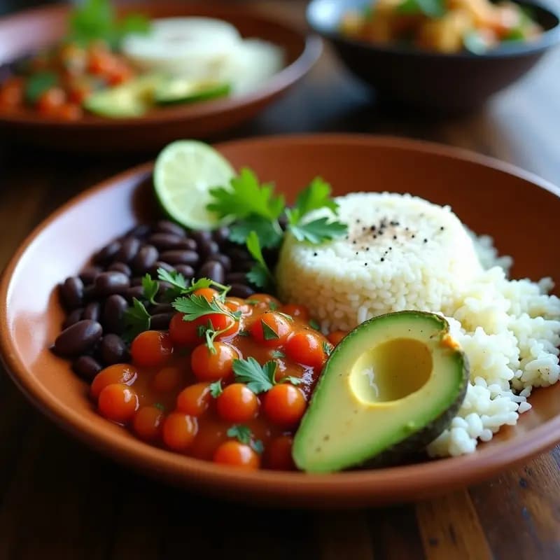 Bandeja paisa vegana servida en plato hondo de barro: frijoles rojos estofados con especias, arroz integral amarillo por la cúrcuma, arepa dorada de maíz y yuca, y aguacate en cubos con cilantro y limón. Receta colombiana tradicional sin ingredientes animales.