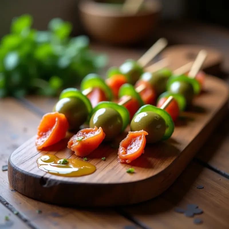 Banderillas de anchoa, guindilla y aceituna servidas en bandeja de madera rústica, aperitivo andaluz tradicional con palillos de brocheta, ingredientes frescos y colores vibrantes.