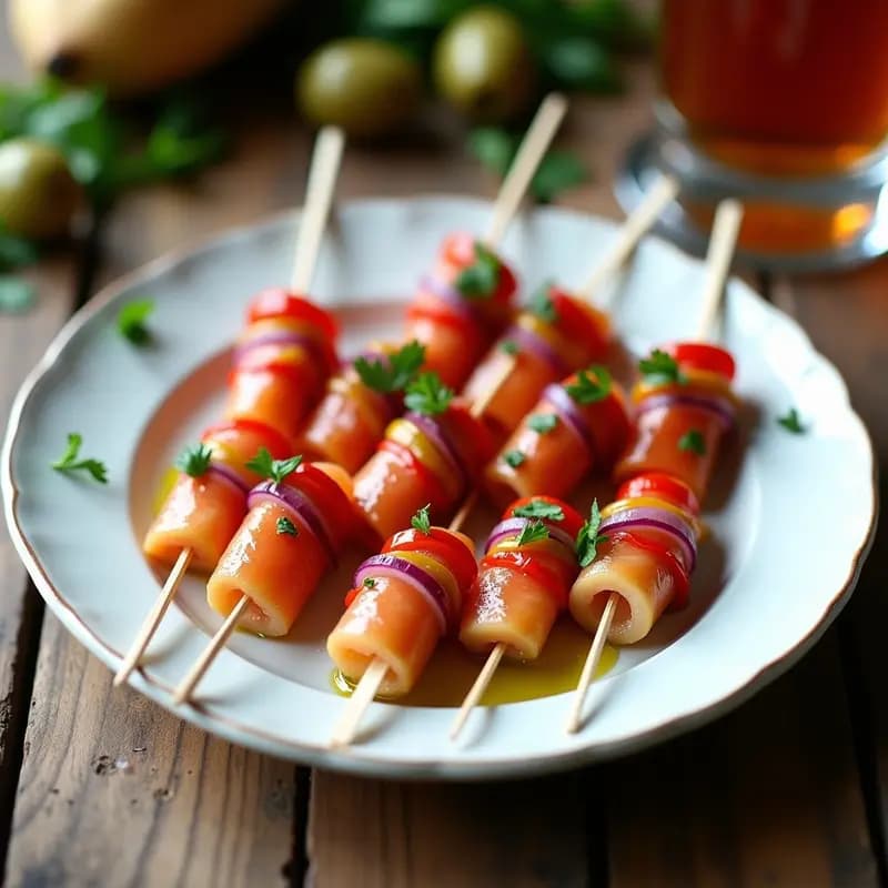 Fuente de cerámica blanca con banderillas de anchoa y pimiento, ensartadas en palillos de brocheta, acompañadas de perejil fresco y con un fondo rústico de madera.