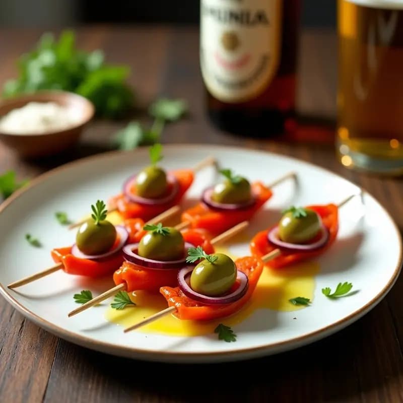 Banderillas frías de anchoas y pimiento del piquillo montadas en palillos, con aceitunas verdes y cebolla morada, servidas en plato de cerámica blanca sobre fondo rústico de madera, ideal para acompañar con cerveza.