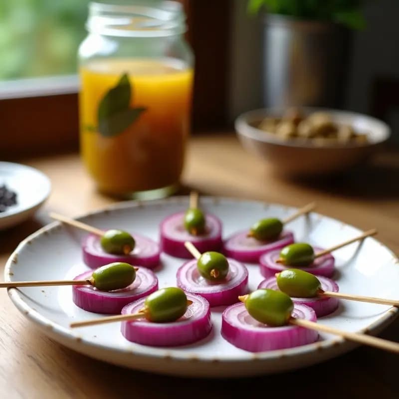Banderillas de cebolla morada y guindilla en vinagre dispuestas en un plato blanco rústico, con el líquido dorado de especias al fondo y palillos de brocheta visibles.