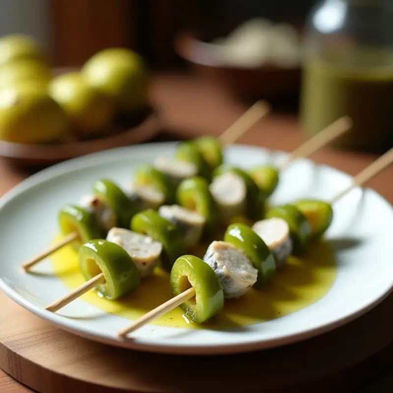 Plato blanco con banderillas de cebollino fresco, guindilla verde y anchoa ensartadas en palillos, con un aliño brillante de aceite de oliva y vinagre de Jerez. Tapa fría española picante y sabrosa lista para servir.