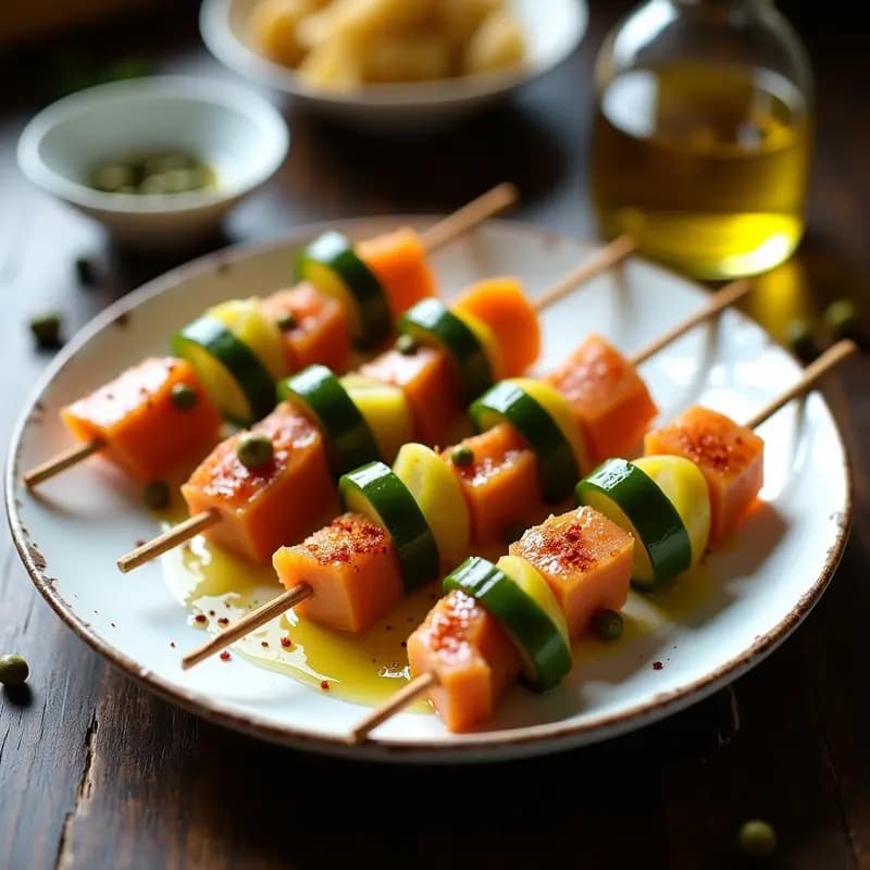 Fuente blanca con banderillas de encuridos, guindilla y anchoas ensartadas en palillos, aliñadas con aceite de oliva y pimentón, sobre fondo rústico de madera.