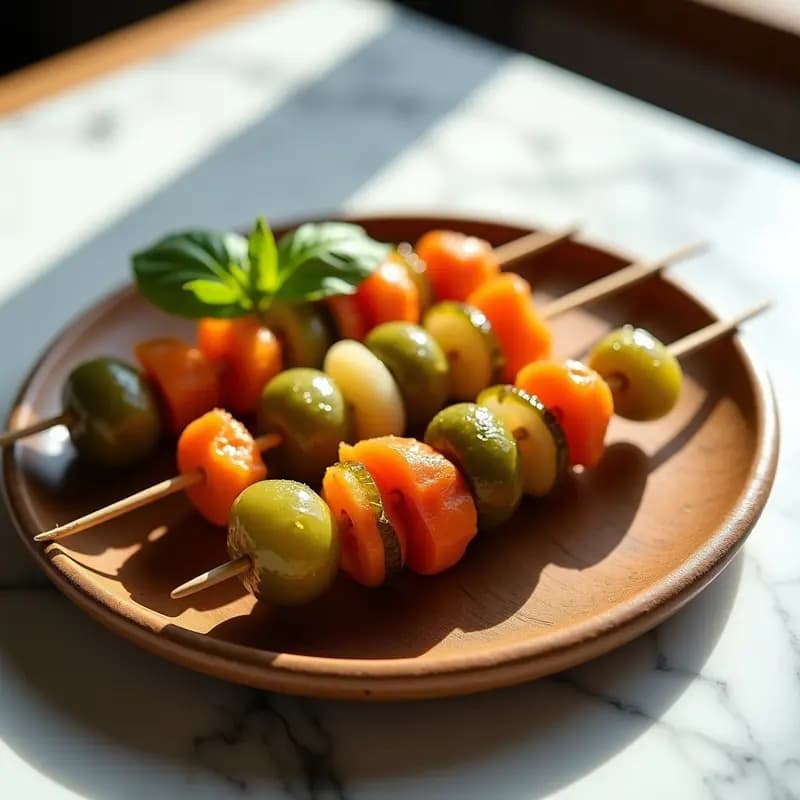 Fuente de madera con banderillas encurtidas con guindilla, pepinillos, cebollitas perla y aceitunas rellenas de anchoa ensartadas en palillos, acompañadas de un cuenco pequeño con vinagre y especias.