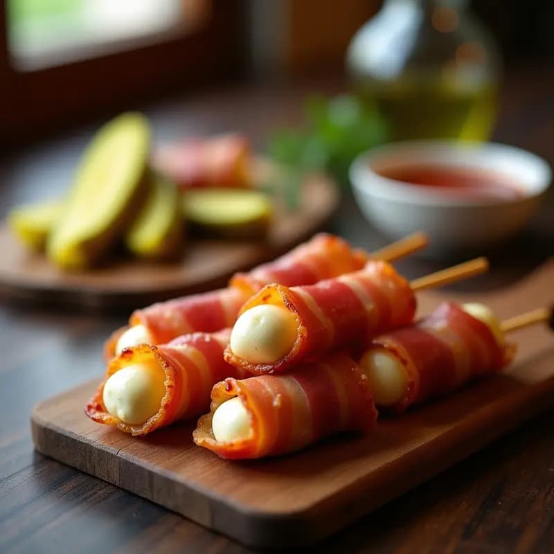 Banderillas doradas y crujientes de mozzarella, jamón y pickles envueltas en bacon, servidas en una tabla de madera con salsa barbacoa al lado, aperitivo para fiestas.