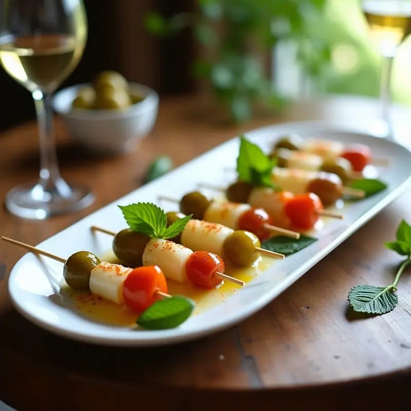 Fuente alargada de cerámica blanca con banderillas de pepinillo, cebolla y guindilla, aperitivo tradicional español para tapas, decorado con hierbabuena fresca y aceite de oliva.