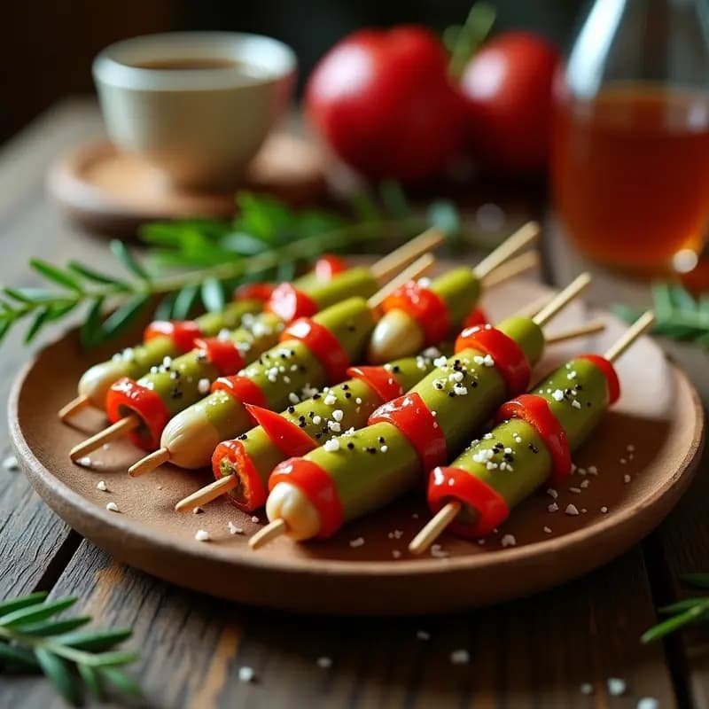 Fuente de madera con banderillas de pepinillos verdes, cebollitas blancas encurtidas y guindillas rojas en palillos, bañadas en aceite y especias, aperitivo español crujiente y picante.