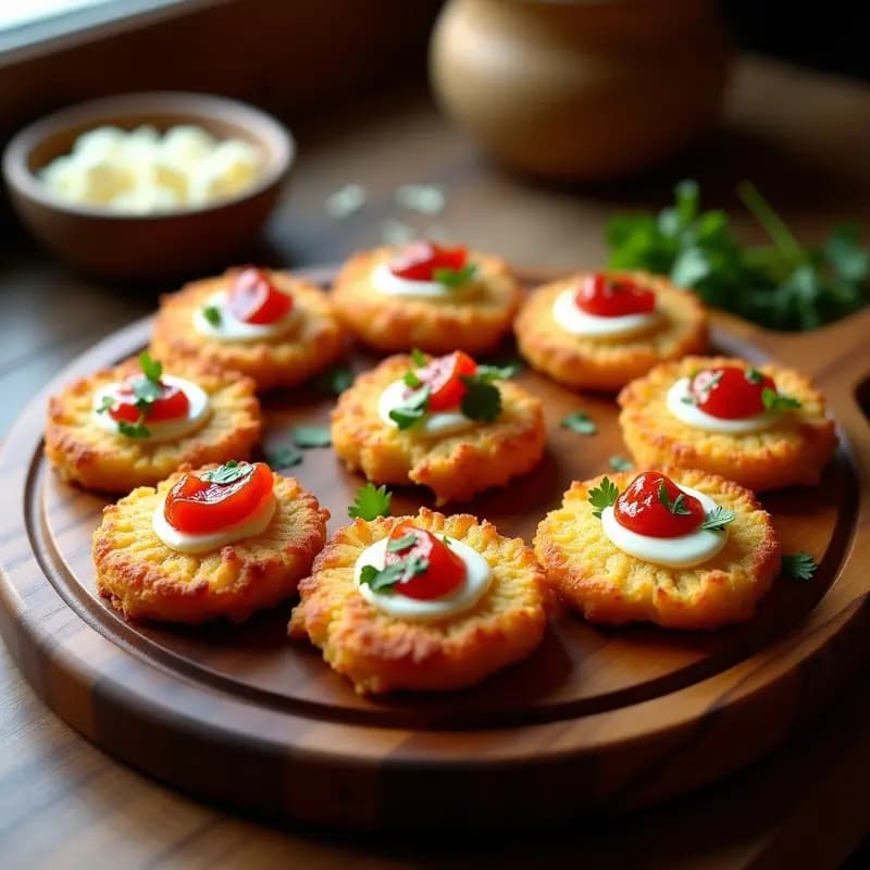 Banes de yuca dorados y crujientes rellenos de queso de cabra blanco y mermelada de guayaba roja, servidos en bandeja rústica de madera con hojas de cilantro fresco.