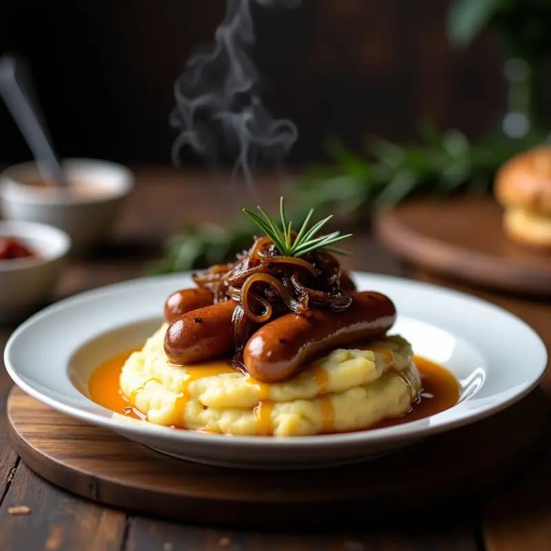 Plato hondo de cerámica blanca con Bangers and Mash: puré de patatas cremoso coronado con salchichas Cumberland doradas, cebolla caramelizada melosa y salsa de mostaza brillante, decorado con romero fresco.