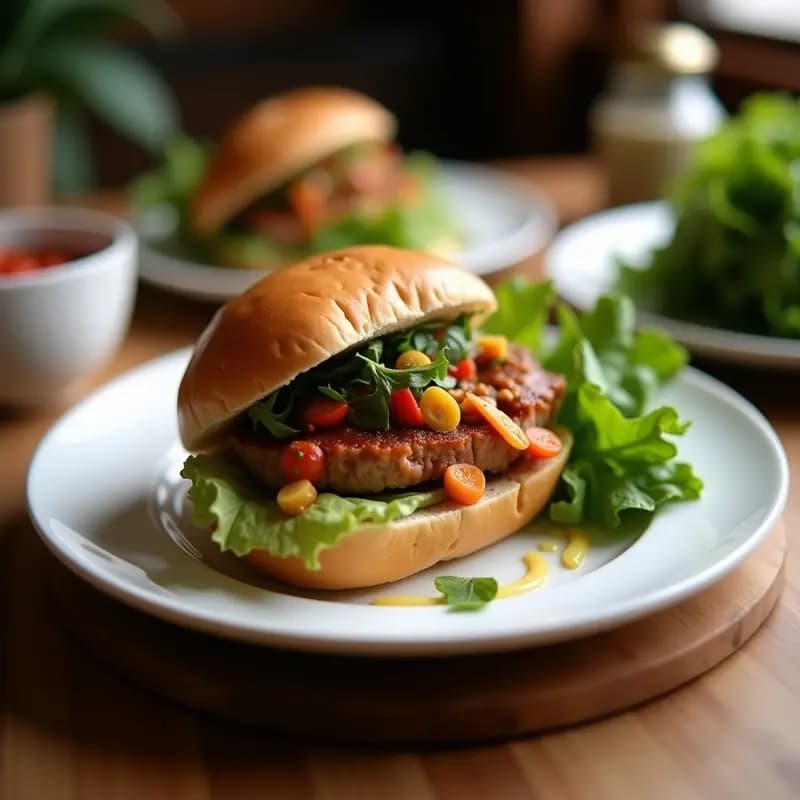 Tazón hondo de cerámica blanca con Banh Mi Bowl: base de arroz jazmín, tiras de cerdo asado dorado, encurtidos de zanahoria y daikon, rodajas de pepino, cilantro fresco y salsa sriracha-mayo, espolvoreado con semillas de sésamo tostadas.
