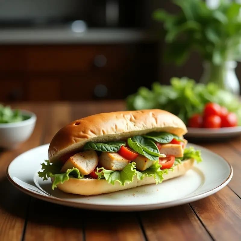 Banh Mi Bowl vietnamita sin gluten con pollo lemongrass dorado, coliflor rallada, lechuga romana, encurtidos de zanahoria y daikon, cilantro fresco y semillas de sésamo negro, servido en bol hondo de cerámica blanca.