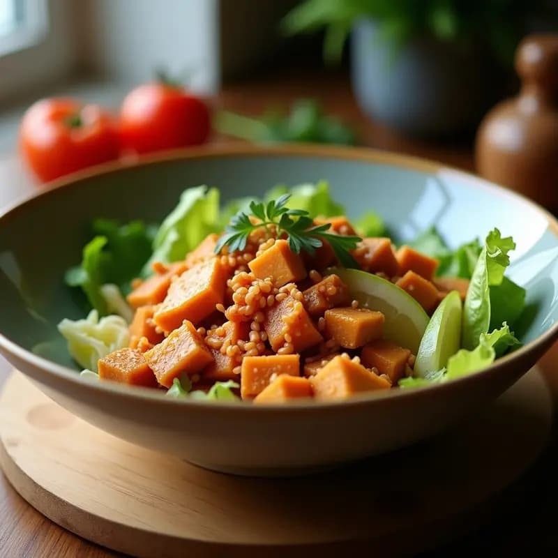 Banh Mi Bowl vegano con arroz jazmín, tofu dorado marinado, encurtidos de pepino y zanahoria morada, cilantro fresco y semillas de sésamo, servido en un bol hondo de cerámica blanca con fondo de madera rústica.