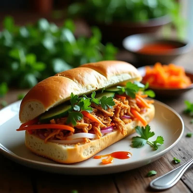 Banh Mi vegano abierto mostrando jackfruit desmenuzado marinado en especias, encurtidos de zanahoria y daikon, pepino, cilantro y menta sobre pan baguette crujiente tostado, con salsa sriracha y mayonesa vegana.