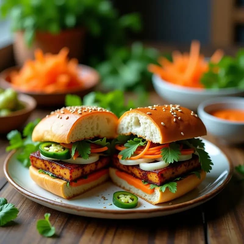 Banh Mi Vietnamita de tofu ahumado y encurtidos, sándwich abierto mostrando capas de tofu dorado, zanahoria y daikon encurtidos, pepino, jalapeño y cilantro fresco sobre pan crujiente, espolvoreado con semillas de sésamo.