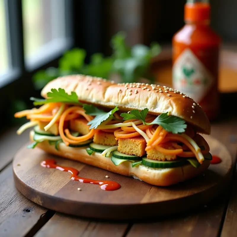 Banh Mi Vietnamita de tofu crujiente abierto, con láminas doradas de tofu marinado, encurtidos de zanahoria y daikon, rodajas de pepino, jitomate y cilantro fresco, sobre pan baguette tostado. Salsa sriracha cremosa y semillas de sésamo decorando el plato, servido en tabla de madera rústica.