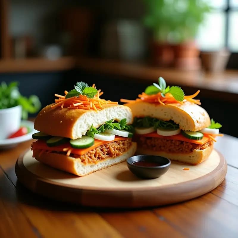 Sándwich Banh Mi vegano abierto mostrando since de jackfruit dorado y desmenuzado, encurtidos de zanahoria y daikon en juliana naranja y blanca, rodajas de pepino, cilantro fresco y menta sobre pan baguette crujiente, con fondo de madera rústica y salsa hoisin al lado.