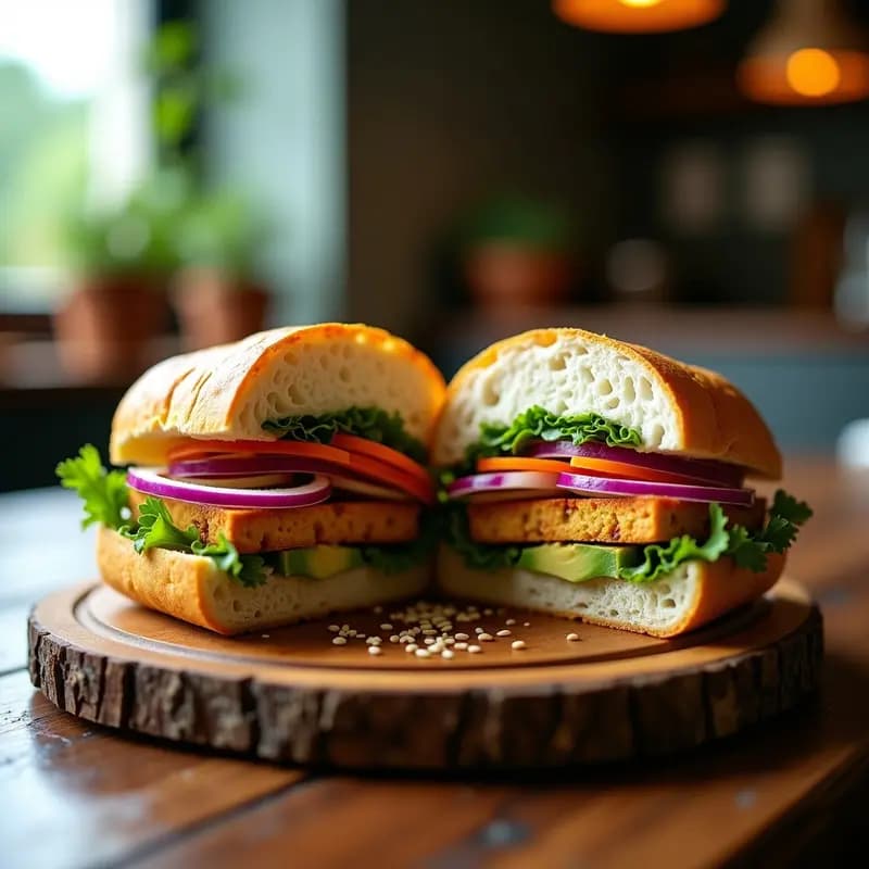 Bánh Mì vegano crujiente abierto por la mitad, mostrando capas de tofu dorado, vegetales encurtidos de zanahoria y daikon, lechuga morada, cilantro fresco y semillas de sésamo sobre un pan baguette tostado. Receta vietnamita de tofu marinado.