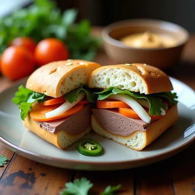 Banh Mi Vietnamita con Paté de Hígado y Vegetales Encurtidos en pan baguette crujiente, relleno de paté cremoso, daikon y zanahoria encurtidos, pepino, cilantro y jalapeño, servido sobre tabla de madera rústica con fondo desenfocado.