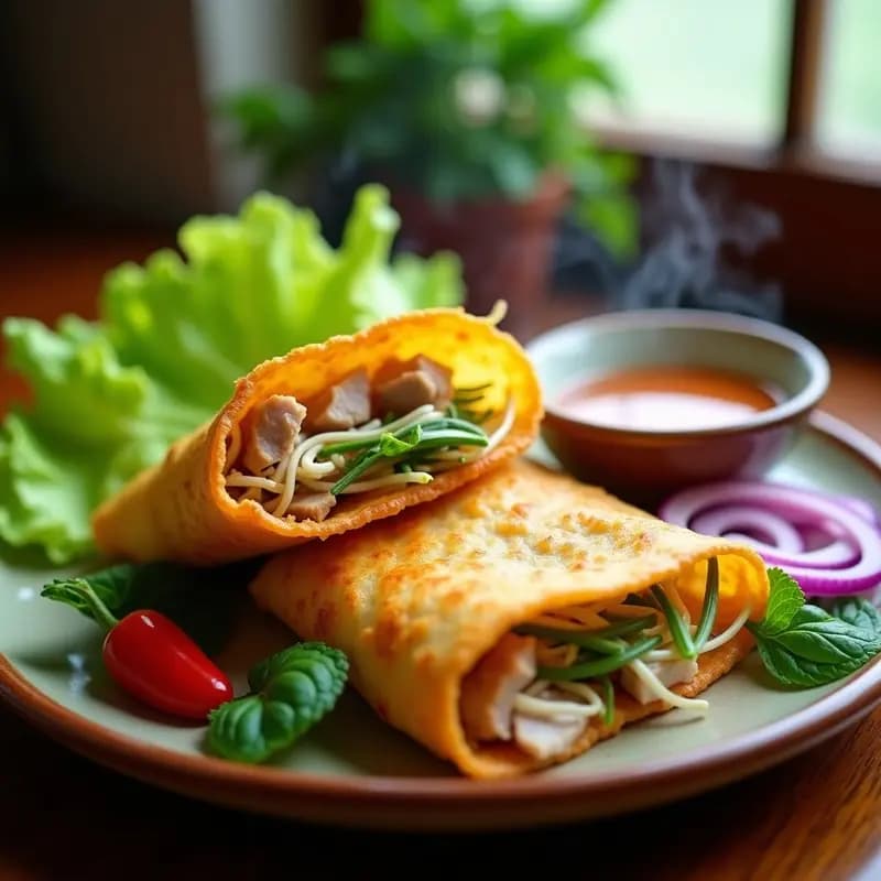 Plato de Bánh Xèo Crispy doradas y crujientes, rellenas de cerdo jugoso, brotes de soja y cebolla morada, servidas sobre hojas de lechuga butter con hierbabuena vietnamita y salsa nuoc cham al lado.