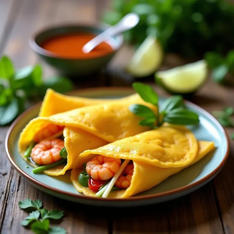 Banh Xeo vietnamitas doradas y crujientes en sartén, rellenas de camarones y brotes de soja, servidas con hierbas frescas y salsa nuoc cham.