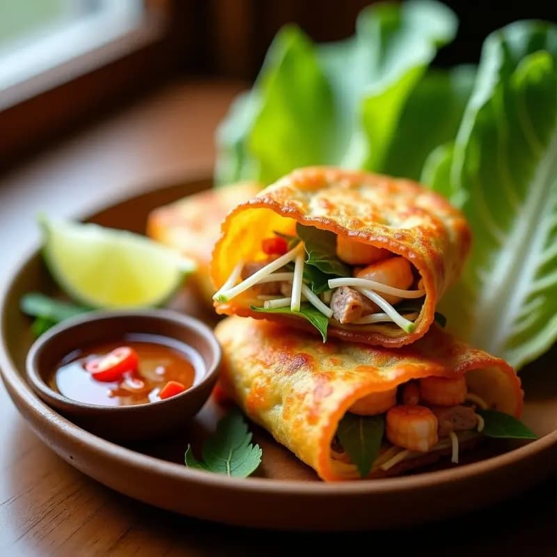 Plato tradicional vietnamita con Banh Xeo doradas y crujientes rellenas de camarón, cerdo, brotes de soja y zanahoria, servidas sobre hojas de lechuga morada con salsa de pescado al lado.