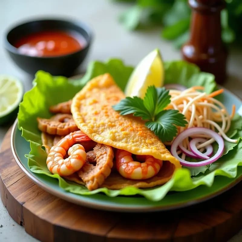 Plato de Banh Xeo vietnamita crujiente y dorada, rellena de cerdo marinado y langostinos, servida sobre hojas de lechuga con brotes de soja, menta y cilantro, acompañada de salsa de limón y chile.