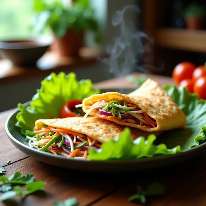 Plato blanco con Banh Xeo vietnamita dorado y crujiente, relleno de germinados de soja, cebolla morada y zanahoria, servido sobre hoja de lechuga con salsa hoisin oscura y hierbas frescas de menta y cilantro.