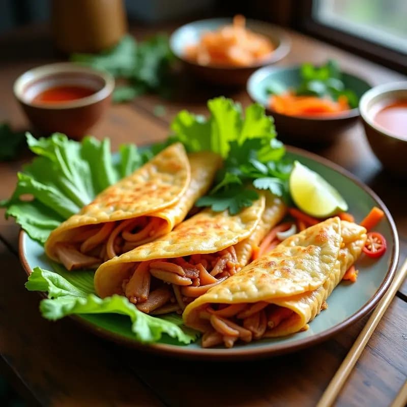 Plato tradicional vietnamita Bánh Xèo con crepes doradas y crujientes de harina de arroz rellenas de cerdo marinado y gambas, servidas sobre hojas de lechuga romana con brotes de soja, hierbas frescas y salsa nuoc cham al lado.