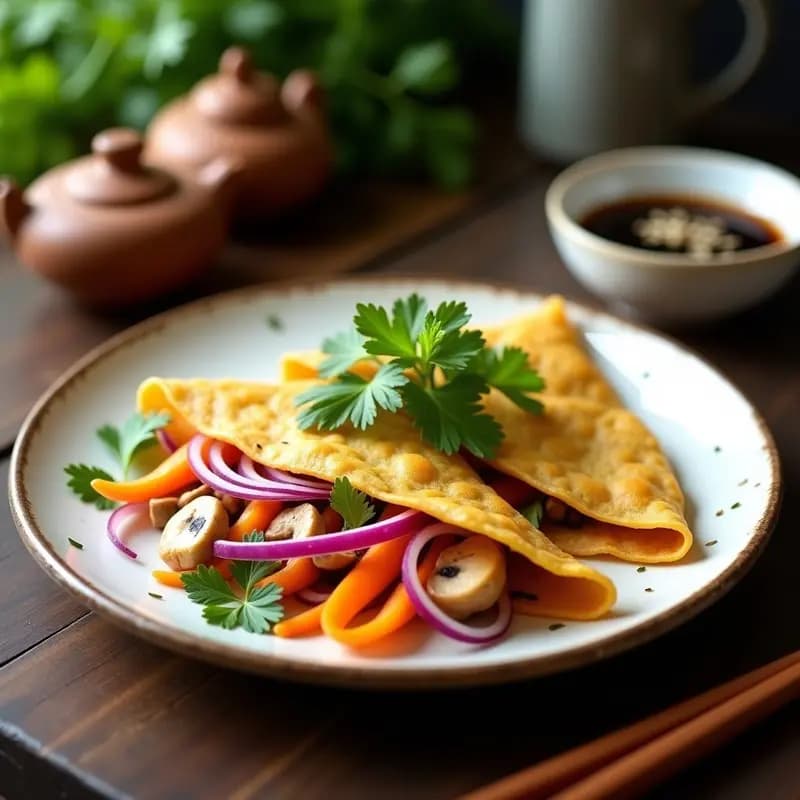 Plato de Banh Xeo vegano de harina de garbanzo dorado y crujiente, relleno de cebolla morada, zanahoria y champiñones shiitake, acompañado de brotes de soja, hojas de menta y salsa de soja. Receta vietnamita crujiente en sartén.