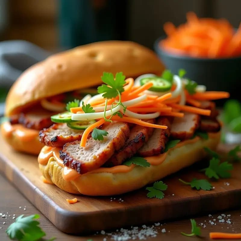 Sándwich Banha Mi de cerdo asado en pan de baguette crujiente, relleno de rodajas de cerdo dorado, encurtidos de zanahoria y daikon, paté, cilantro y jalapeños, con salsa sriracha. Receta vietnamita en 20 minutos.